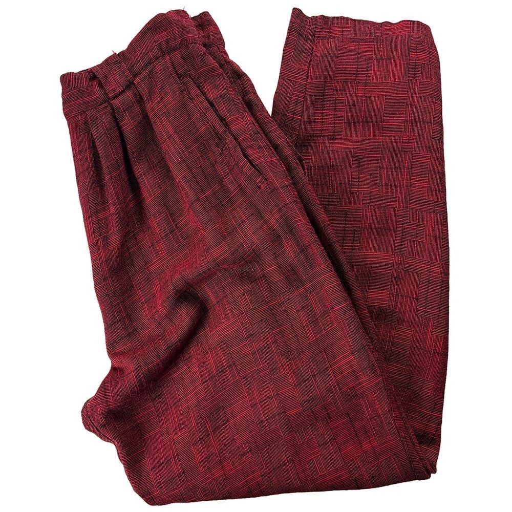 Plymouth Vintage Red Textured Pleated Trousers | Size 14 | 90s Abstract Weave